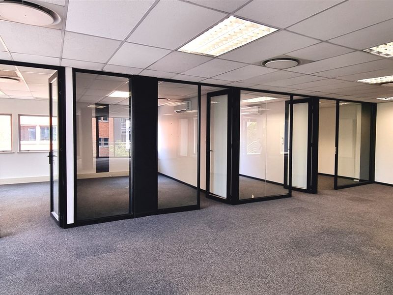 Open plan office space featuring glass partitioned private offices, suspended ceilings with recessed lighting, and carpeted flooring throughout.