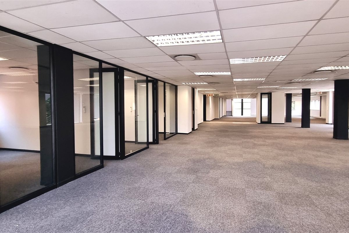 Spacious open-plan office area featuring glass-partitioned private offices, suspended ceilings with recessed lighting, and neutral carpeting throughout.