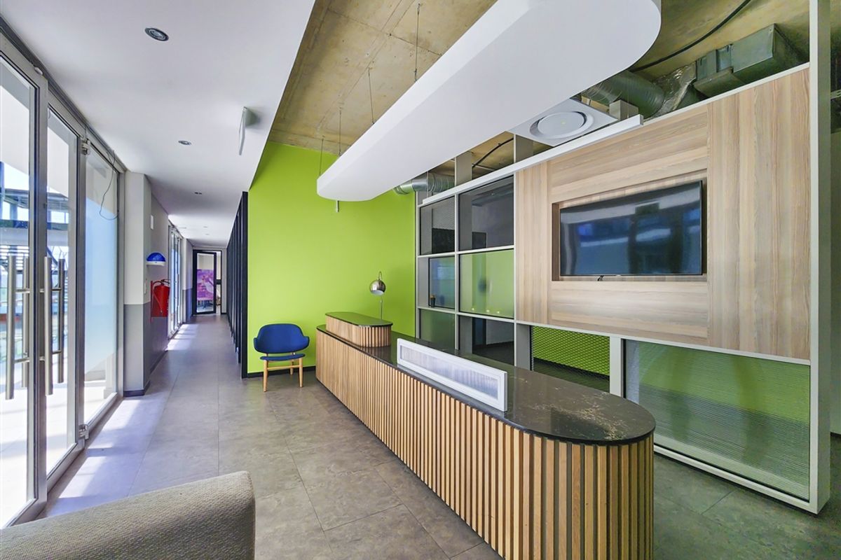Modern office reception area featuring a custom wood-slat desk, exposed concrete ceiling, and floor-to-ceiling glass partitions providing natural light.