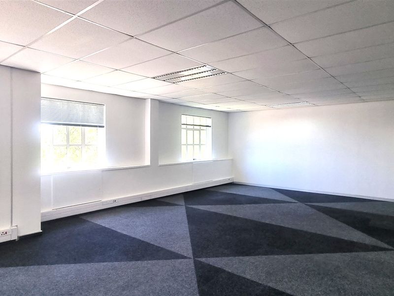 A spacious, empty office area featuring a suspended ceiling, recessed lighting, perimeter trunking, and modern patterned carpet tiles.