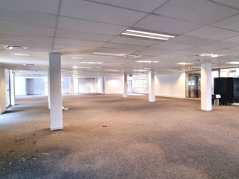 A large, open-plan office space featuring suspended ceilings, recessed lighting, structural columns, and a small kitchenette area with dark cabinetry.