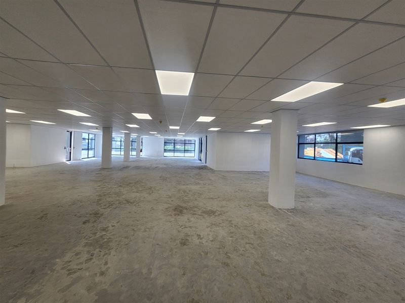 A spacious, open-plan office area featuring a suspended ceiling with recessed lighting, structural columns, and large windows providing ample natural light.