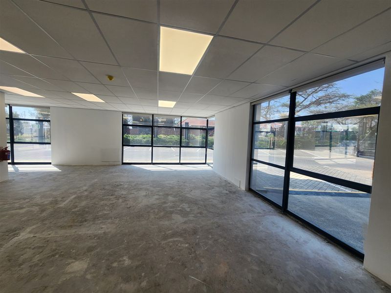 A vacant, open-plan office space featuring a suspended ceiling, recessed lighting, and expansive floor-to-ceiling windows providing ample natural light.
