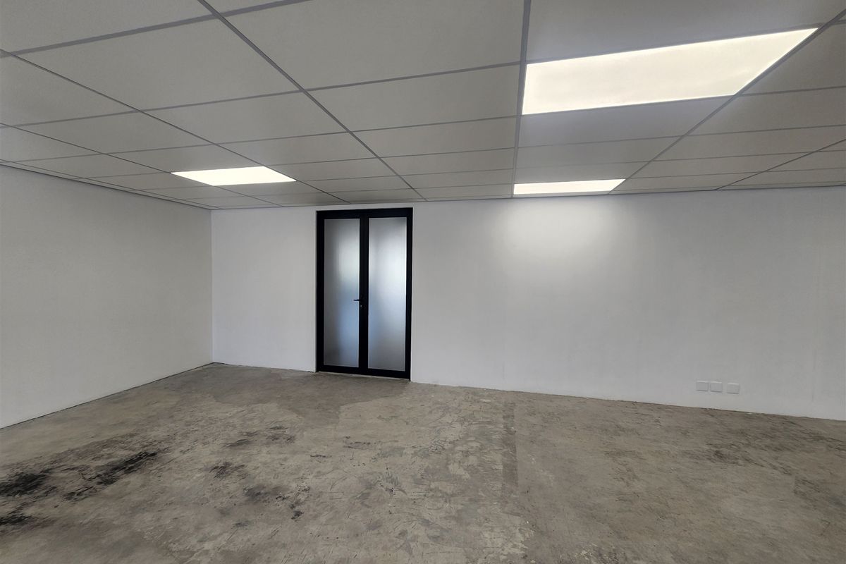 An empty office space featuring a suspended ceiling with recessed LED lighting, frosted glass double doors, and unfinished concrete flooring.
