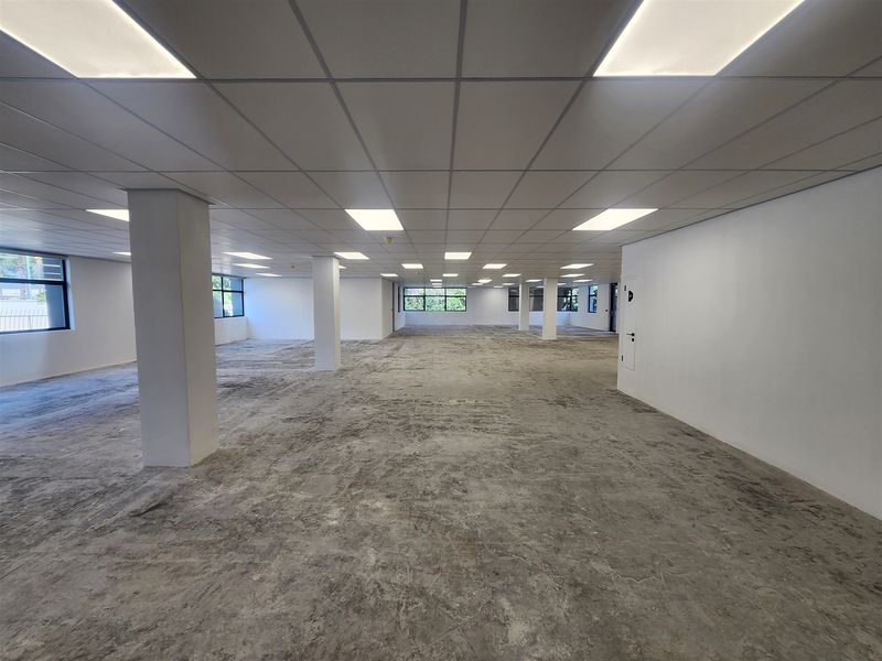 A large, open-plan office space featuring a suspended ceiling with recessed lighting, structural columns, and large windows, currently awaiting floor finishing.