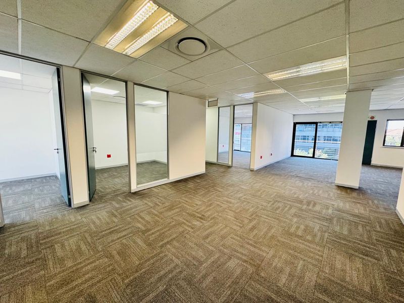 Spacious open-plan office area featuring carpet tiles, suspended ceilings with recessed lighting, and glass-partitioned private offices with natural light.