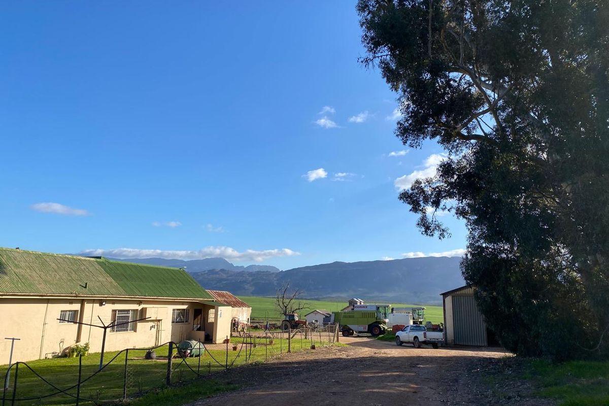 A view of the farm property featuring a main dwelling with a green corrugated roof, outbuildings, and expansive rural landscape views.
