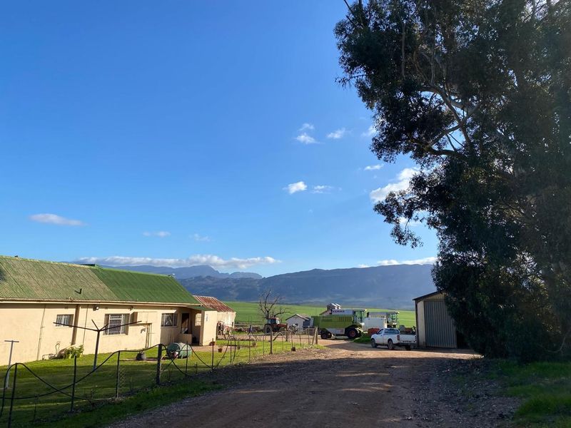 A view of the farm property featuring a main dwelling with a green corrugated roof, outbuildings, and expansive rural landscape views.