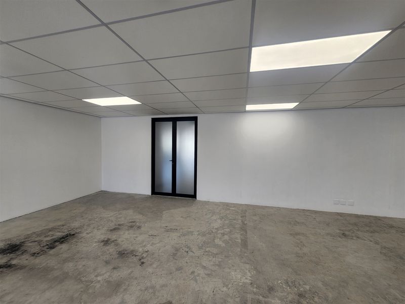 An empty office space featuring a suspended ceiling with recessed LED lighting, frosted glass double doors, and unfinished concrete flooring.