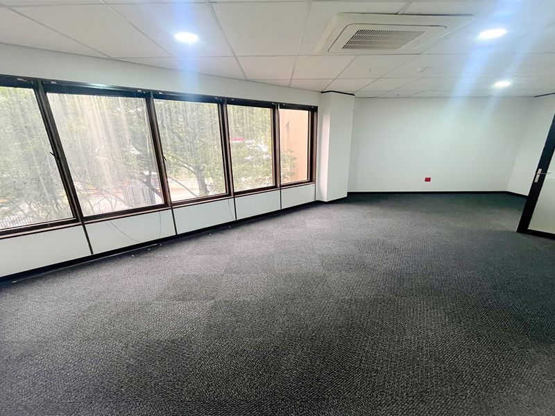 A bright, empty office space featuring carpeted flooring, a suspended ceiling with recessed lighting, ducted air conditioning, and large windows providing natural light.