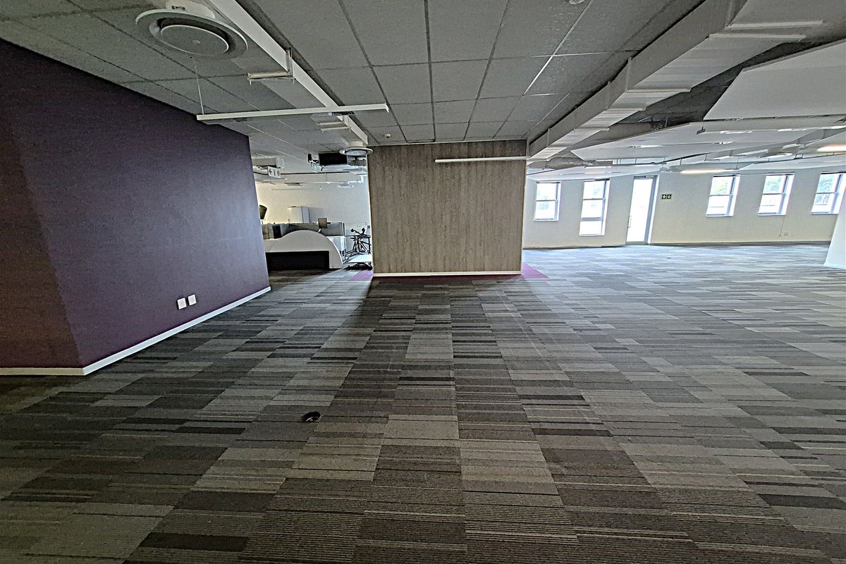 Spacious open-plan office area featuring carpeted flooring, suspended ceilings with integrated lighting, and large windows providing ample natural light.