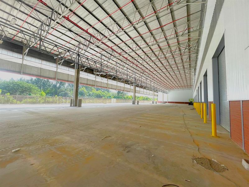 Spacious industrial warehouse area featuring high ceilings with exposed steel trusses, fire sprinkler system, concrete flooring, and multiple roller shutter doors.