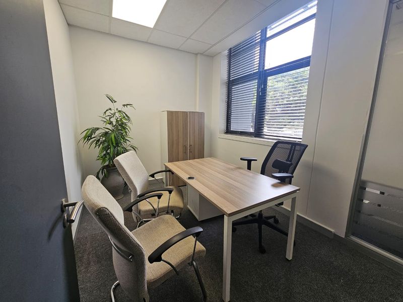 A professional office space featuring carpeted flooring, a suspended ceiling with recessed lighting, and large windows with venetian blinds.