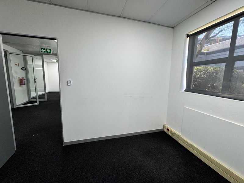 A vacant office space featuring dark carpeting, a suspended ceiling, and a large window with integrated electrical trunking along the base.