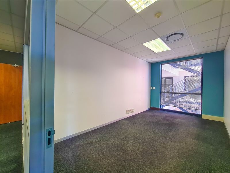 A vacant office space featuring carpeted flooring, a suspended ceiling with recessed lighting, and a large window providing natural light.