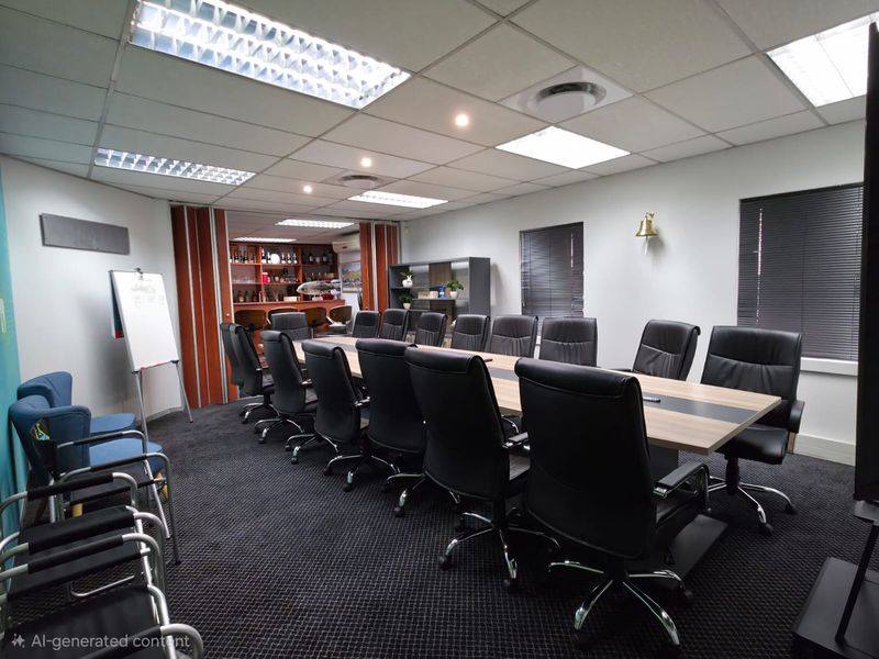 A professional boardroom featuring a large conference table, ergonomic seating, recessed lighting, and a built-in bar area with folding partition doors.