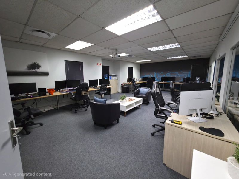 A spacious open-plan office area featuring suspended acoustic ceiling tiles, recessed lighting, and fitted workstation desks with integrated power and data connectivity.