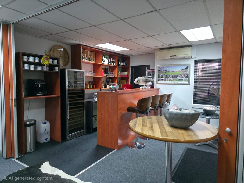 A dedicated office bar area featuring built-in wooden cabinetry, a wine cooler, a service counter, and integrated ceiling lighting.