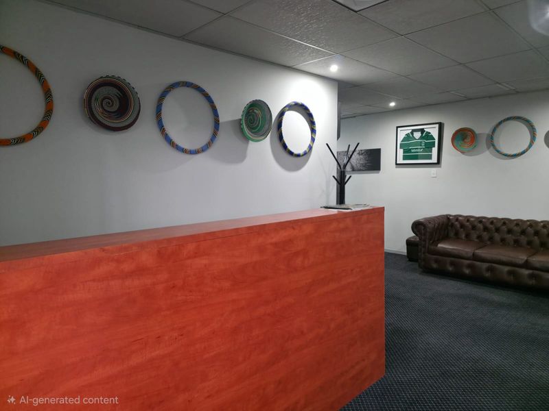 A professional office reception area featuring a wood-finish reception desk, recessed ceiling lighting, and carpeted flooring.