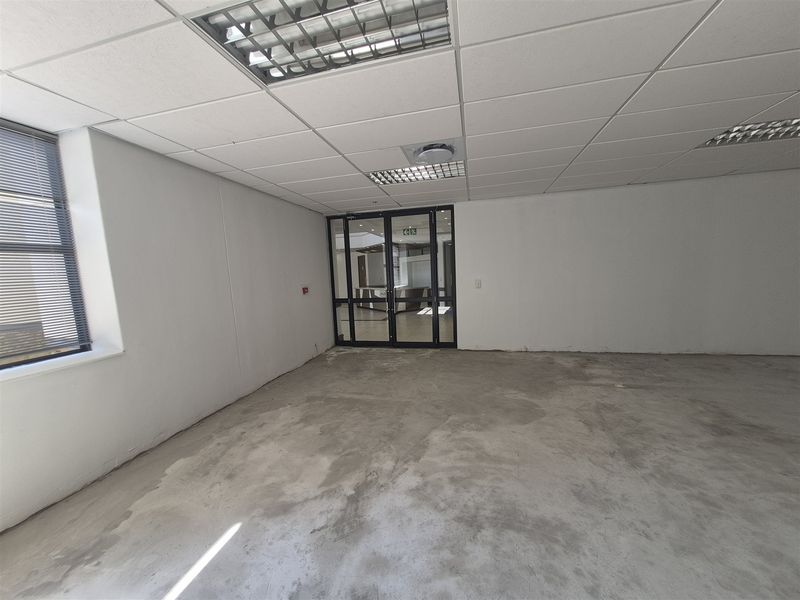 An empty office space featuring a suspended ceiling with recessed lighting, concrete flooring, and an aluminum-framed glass entrance door.