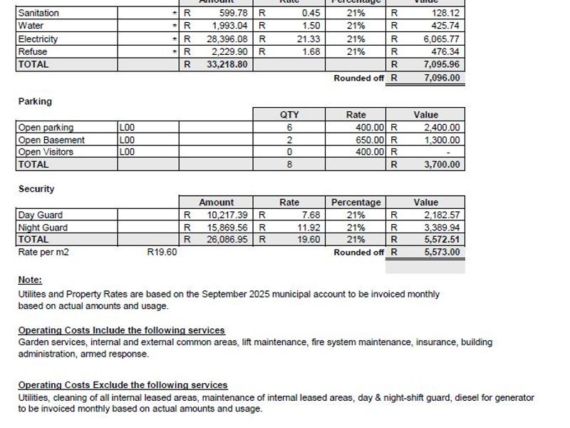 A financial breakdown document detailing utility costs, parking allocations, security expenses, and tenant installation terms for an office property.