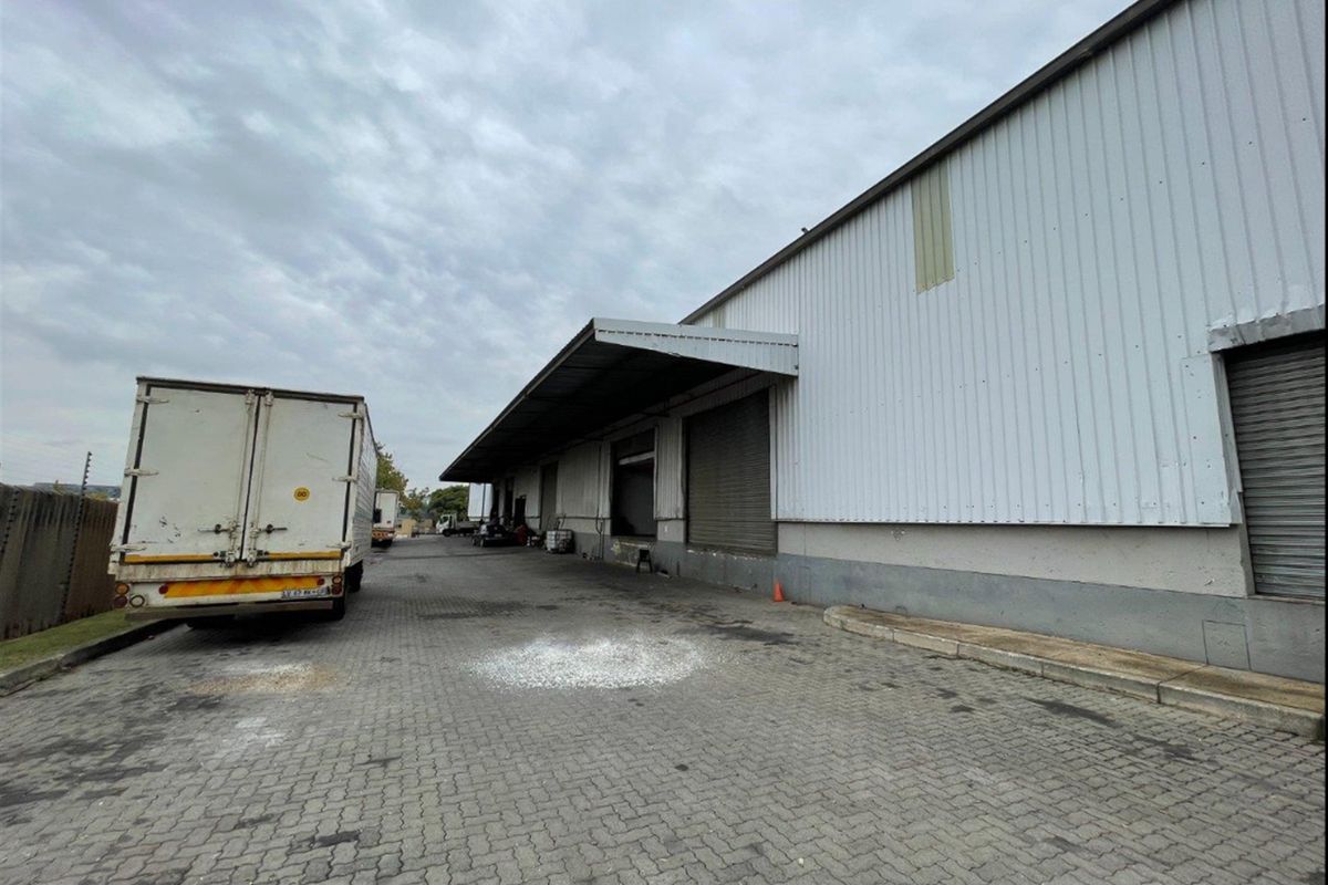 Industrial warehouse exterior featuring a paved loading yard, multiple roller shutter doors, and a protective canopy for efficient logistics and goods handling.