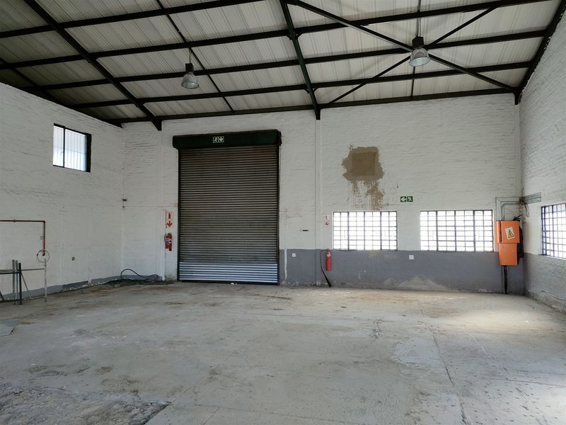 Spacious industrial utility area featuring high ceilings with exposed steel trusses, a large roller shutter door, and durable concrete flooring.