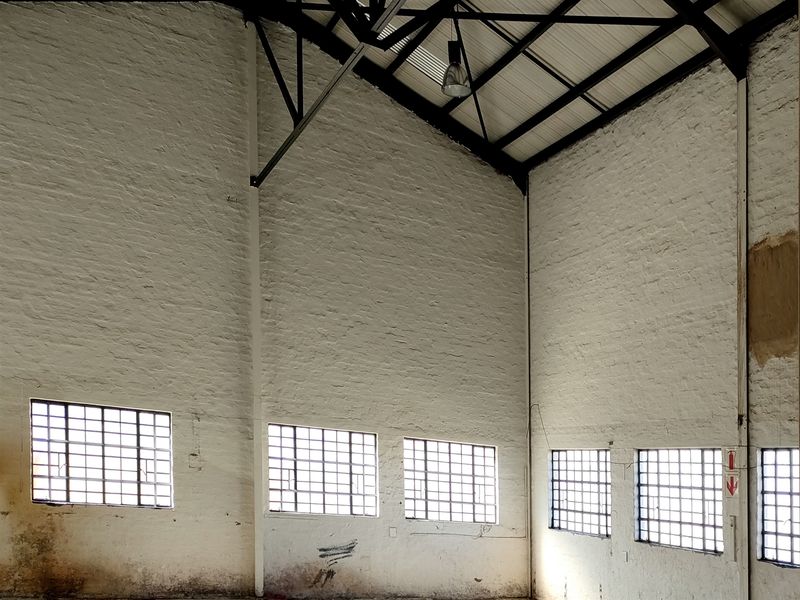 Spacious industrial utility area featuring high ceilings with exposed steel trusses, painted brick walls, and multiple metal-framed windows providing natural light.