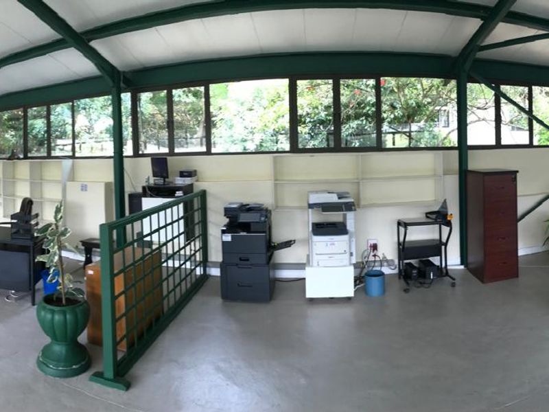 Spacious open-plan office area featuring exposed steel roof trusses, clerestory windows for natural light, and durable concrete flooring with integrated shelving.