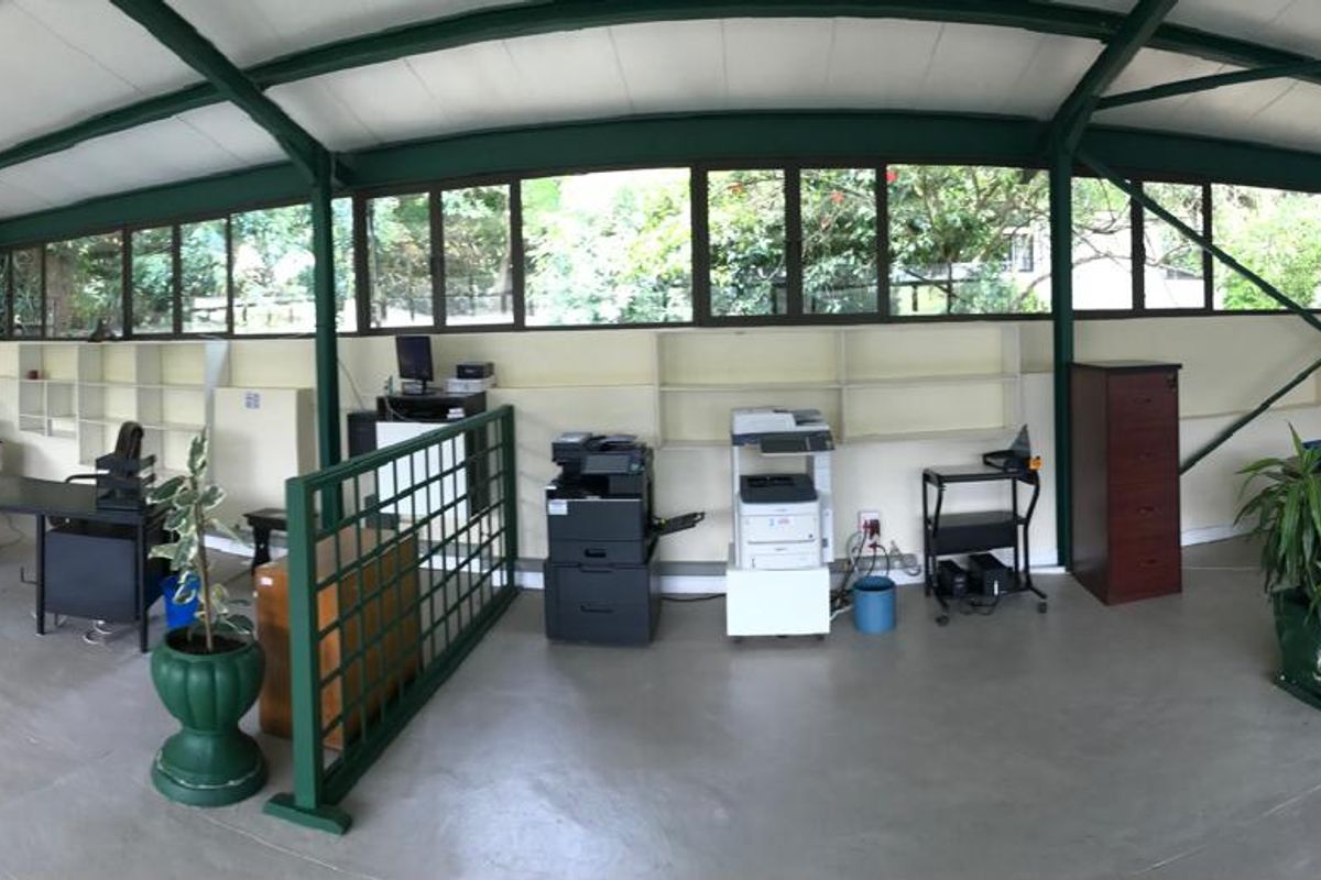Spacious open-plan office area featuring exposed steel roof trusses, clerestory windows for natural light, and durable concrete flooring with integrated shelving.