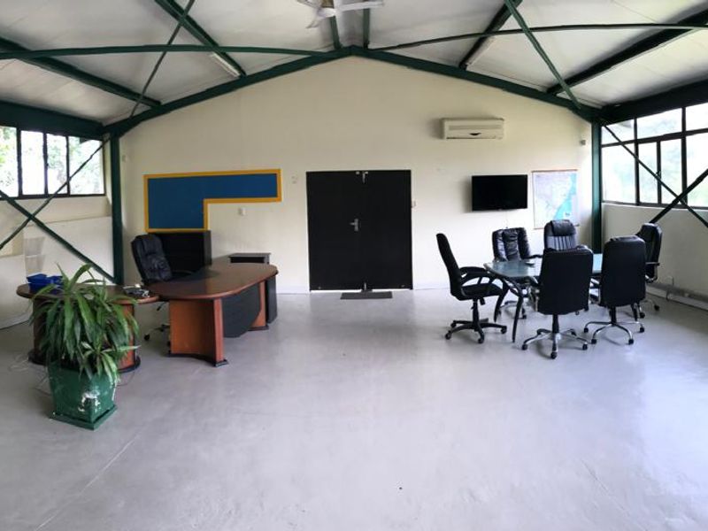 Spacious open-plan office area featuring exposed steel roof trusses, large windows for natural light, and a split-system air conditioner.