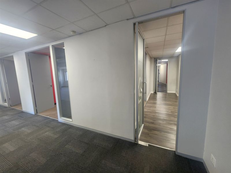 A bright office hallway featuring a mix of carpet and wood-look flooring, glass partitions, and suspended ceilings with recessed lighting.