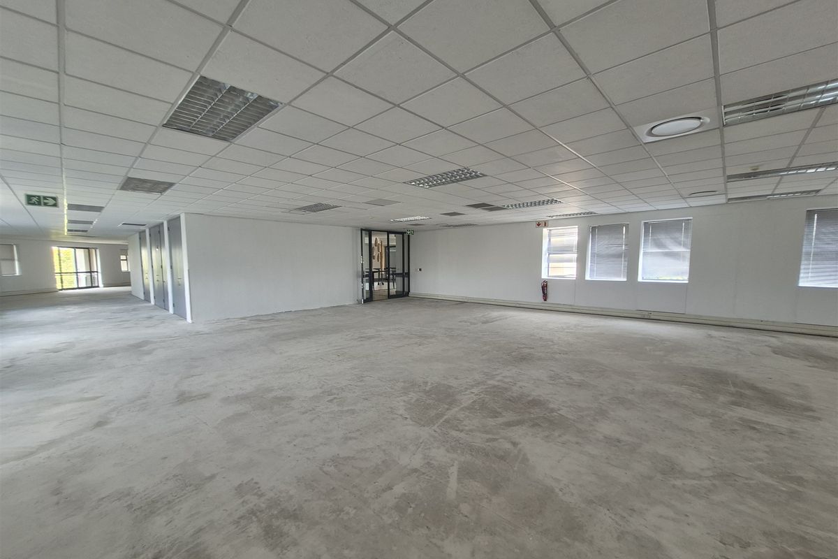 A spacious, open-plan office area featuring a suspended ceiling, recessed lighting, and large windows with blinds, currently presented as a blank canvas.