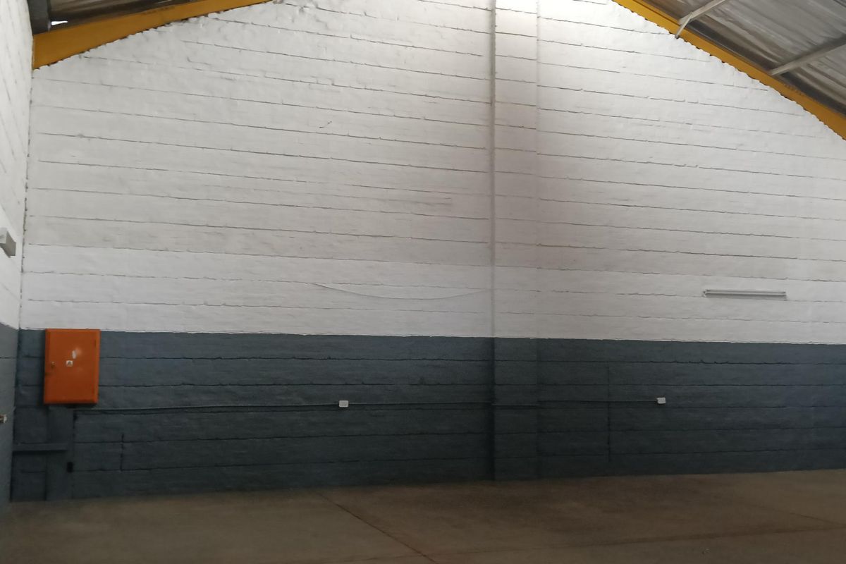 Spacious industrial warehouse interior featuring high ceilings, exposed steel roof structure, painted masonry walls, and durable concrete flooring with integrated electrical distribution box.