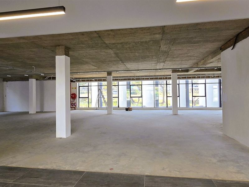 Spacious open-plan office area featuring exposed concrete ceilings, large windows providing natural light, and structural columns in a modern industrial style.