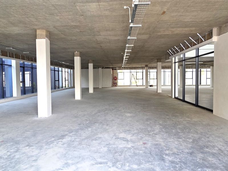 A large, open-plan office space in shell condition featuring exposed concrete ceilings, structural columns, and extensive floor-to-ceiling windows providing ample natural light.