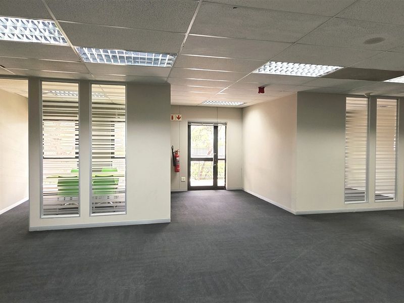 Spacious open-plan office area featuring a modern stone feature wall, glass partitions, suspended ceilings, and neutral carpeting throughout.