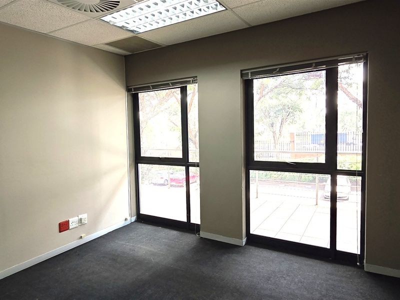 A vacant office space featuring carpeted flooring, suspended ceilings with recessed lighting, and large aluminium-framed windows providing natural light.