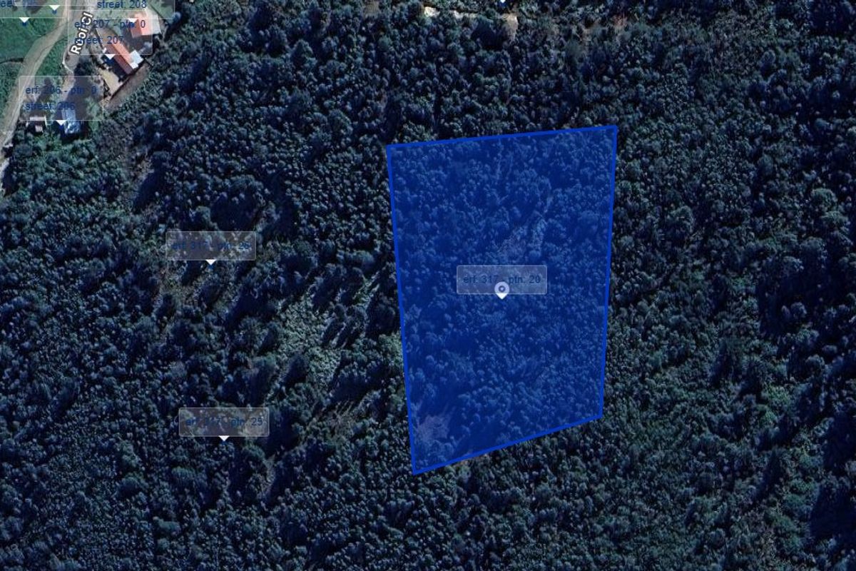 Aerial view of a heavily wooded farm plot, highlighting the property boundaries and surrounding landscape.