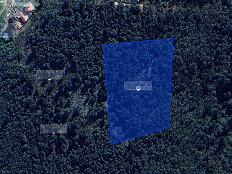 Aerial view of a heavily wooded farm plot, highlighting the property boundaries and surrounding landscape.