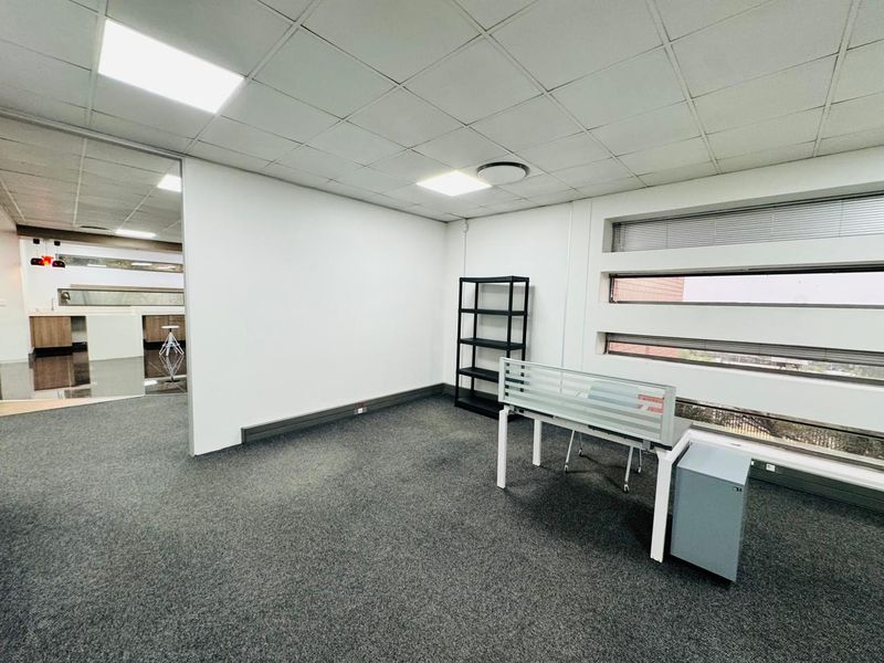 A bright, professional office space featuring neutral carpeting, a suspended ceiling with recessed lighting, and large windows with integrated horizontal blinds.