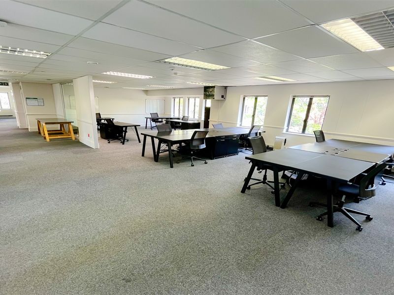 Spacious open-plan office area featuring suspended ceilings, recessed lighting, and large windows providing ample natural light throughout the workspace.