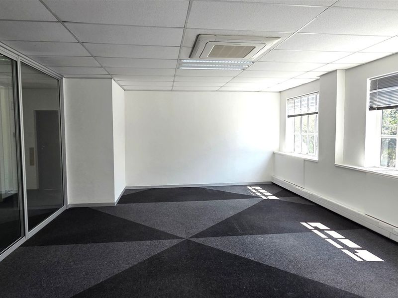 A bright, empty office space featuring a suspended ceiling, recessed lighting, central air conditioning, glass partitioning, and patterned carpet tiles.