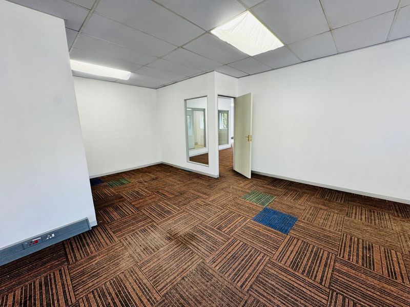 An empty office space featuring a suspended ceiling, recessed lighting, and patterned carpet tiles with an internal glass partition.