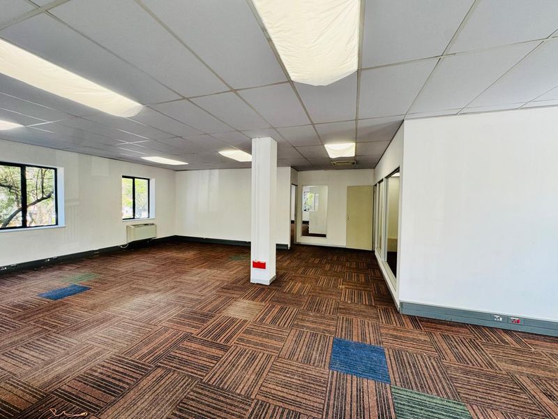A spacious, vacant office area featuring a suspended ceiling, recessed lighting, and durable carpet tiles, providing a functional workspace ready for customization.