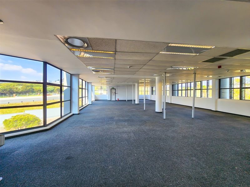 Spacious, open-plan office area featuring large windows providing natural light, suspended ceilings, and carpeted flooring, suitable for a flexible workspace layout.