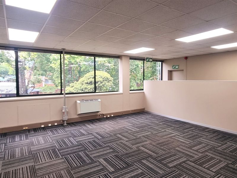 A spacious, empty office area featuring carpet tiles, a suspended ceiling with recessed lighting, and large windows providing natural light.