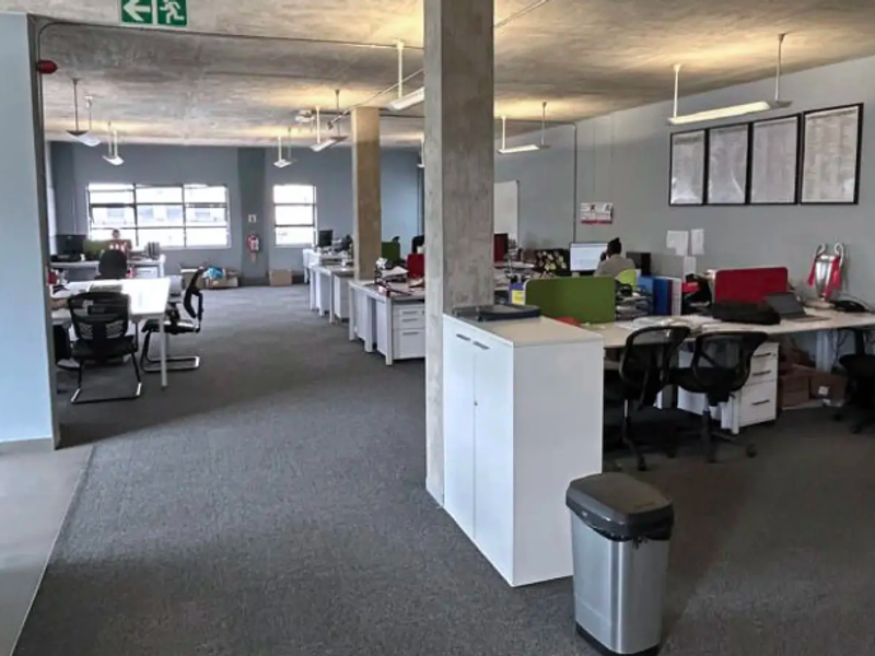 Open-plan industrial office space featuring exposed concrete ceilings, support columns, and carpeted flooring with functional overhead lighting.