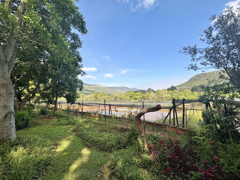 A scenic view overlooking a garden area with mature trees and chain-link fencing, set against a backdrop of rolling hills and mountains.