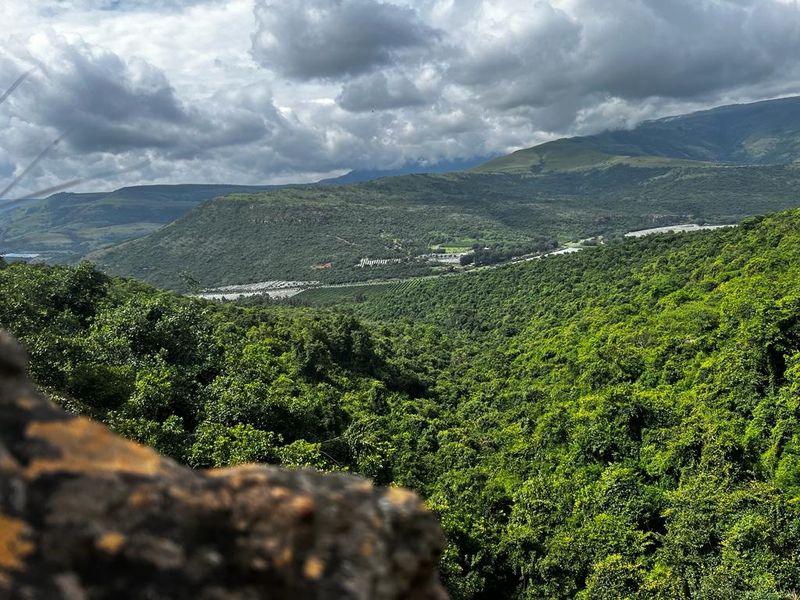 A scenic elevated view overlooking a lush green valley with dense forest vegetation and distant rolling mountains under a cloudy sky.